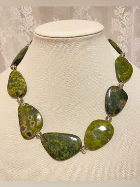 Atlantisite Gemstone Necklace - Green Serpentine Nuggets with Purple Stichtite